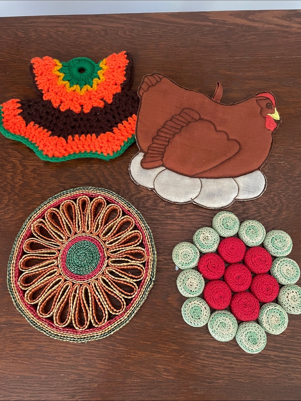 Handmade Crochet & Fabric Trivet Set in Red, Green, Brown and Cream